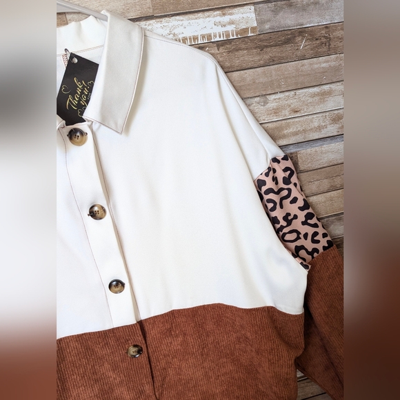 New Colorblock Corduroy Brown With White & Leopard Print Drop Shoulder Shacket - Picture 5 of 15